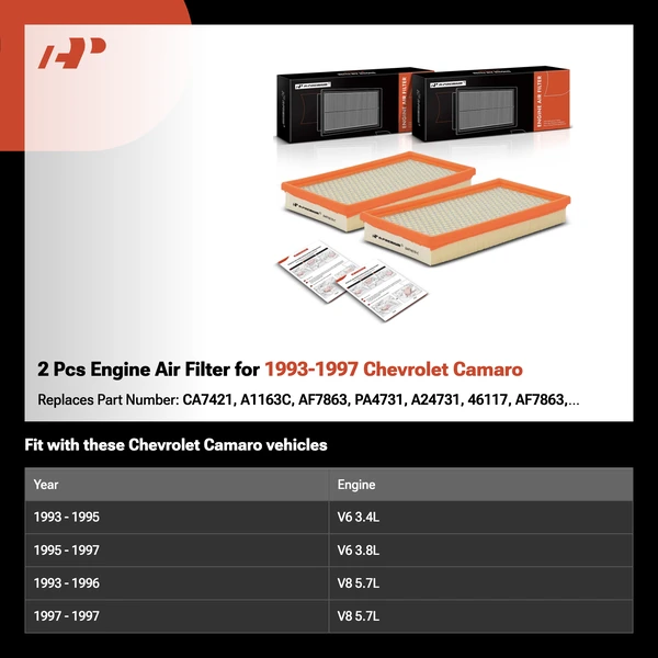 2 Pcs Engine Air Filter for 1993-1997 Chevrolet Camaro