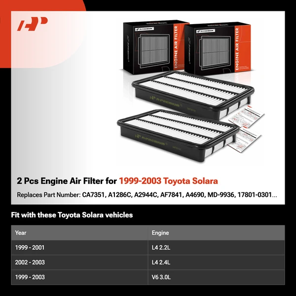 2 Pcs Engine Air Filter for 1999-2003 Toyota Solara