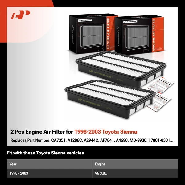 2 Pcs Engine Air Filter for 1998-2003 Toyota Sienna