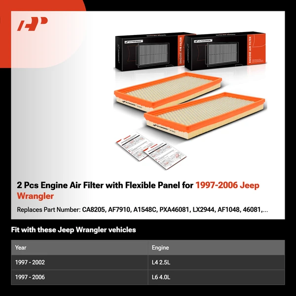 2 Pcs Engine Air Filter with Flexible Panel for 1997-2006 Jeep Wrangler