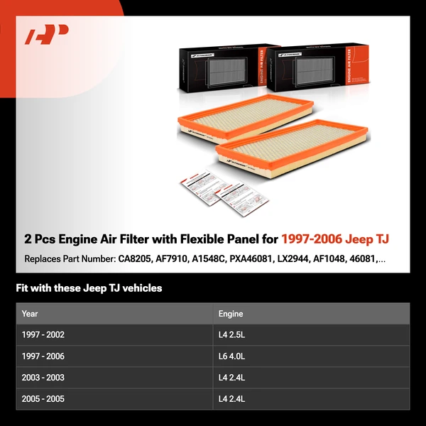 2 Pcs Engine Air Filter with Flexible Panel for 1997-2006 Jeep TJ