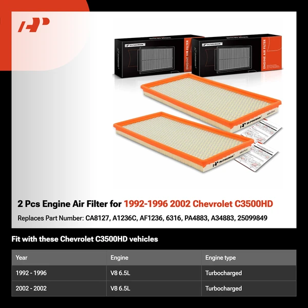 2 Pcs Engine Air Filter for 1992-1996 2002 Chevrolet C3500HD