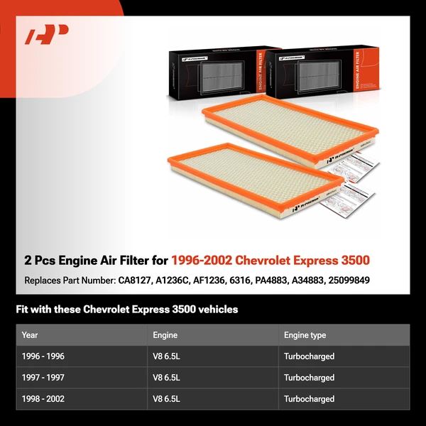 2 Pcs Engine Air Filter for 1996-2002 Chevrolet Express 3500