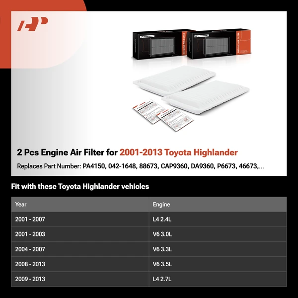 2 Pcs Engine Air Filter for 2001-2013 Toyota Highlander