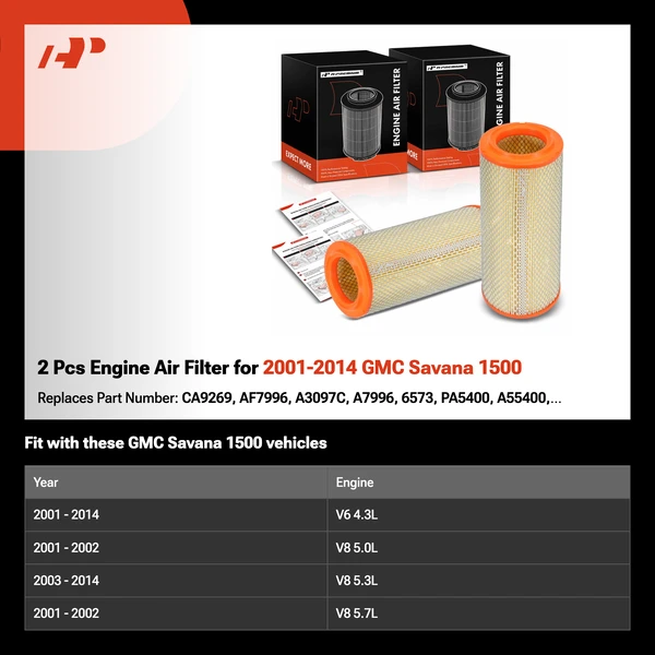 2 Pcs Engine Air Filter for 2001-2014 GMC Savana 1500