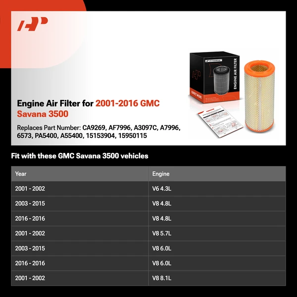 Engine Air Filter for 2001-2016 GMC Savana 3500