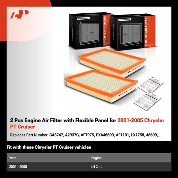 2 Pcs Engine Air Filter with Flexible Panel for 2001-2005 Chrysler PT Cruiser