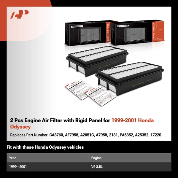2 Pcs Engine Air Filter with Rigid Panel for 1999-2001 Honda Odyssey