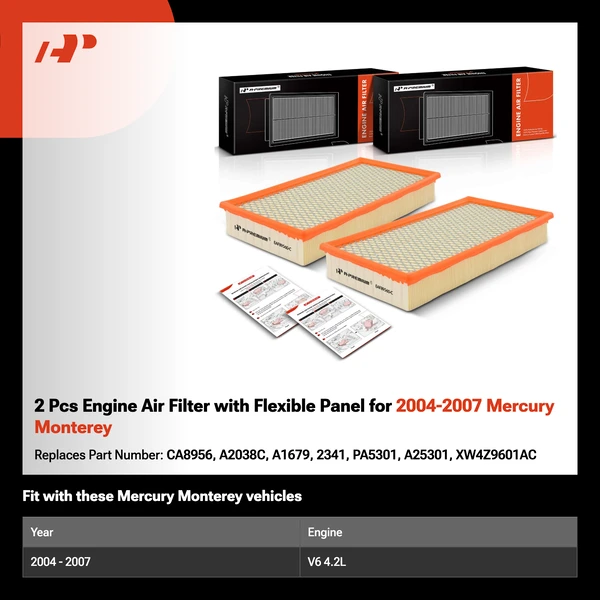 2 Pcs Engine Air Filter with Flexible Panel for 2004-2007 Mercury Monterey