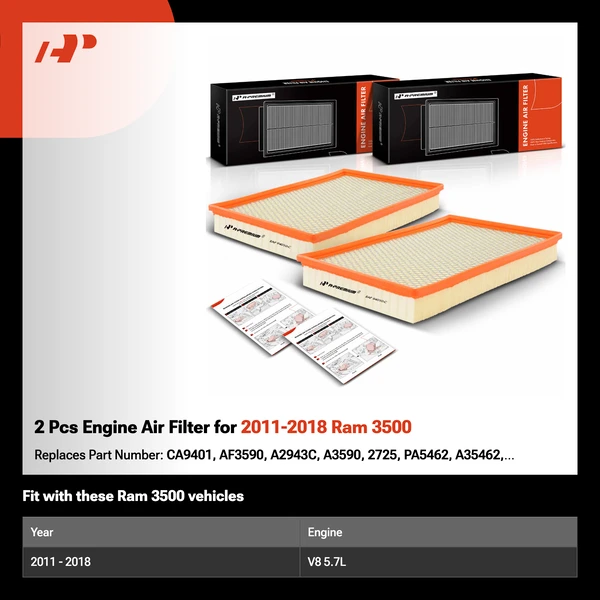 2 Pcs Engine Air Filter for 2011-2018 Ram 3500