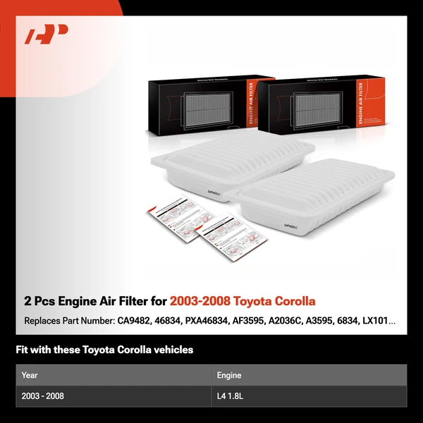 2 Pcs Engine Air Filter for 2003-2008 Toyota Corolla