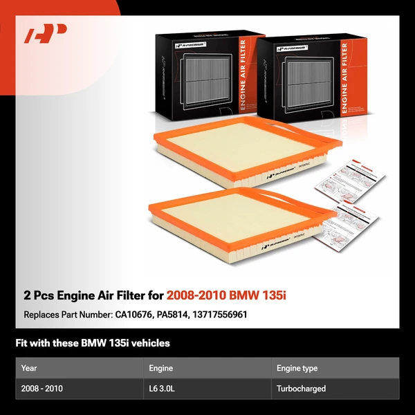 2 Pcs Engine Air Filter for 2008-2010 BMW 135i