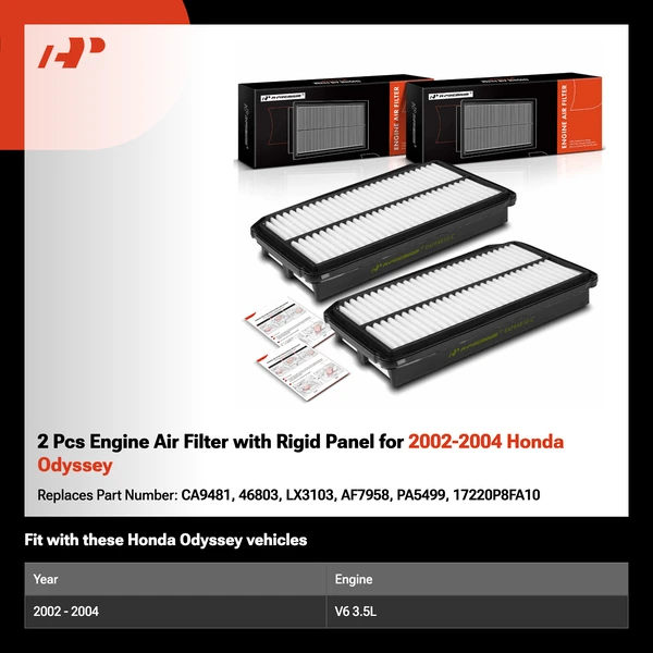 2 Pcs Engine Air Filter with Rigid Panel for 2002-2004 Honda Odyssey