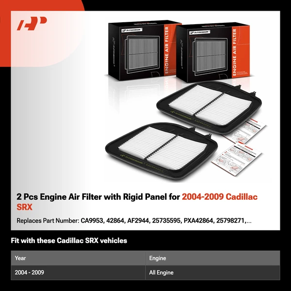 2 Pcs Engine Air Filter with Rigid Panel for 2004-2009 Cadillac SRX