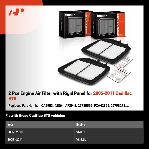 2 Pcs Engine Air Filter with Rigid Panel for 2005-2011 Cadillac STS