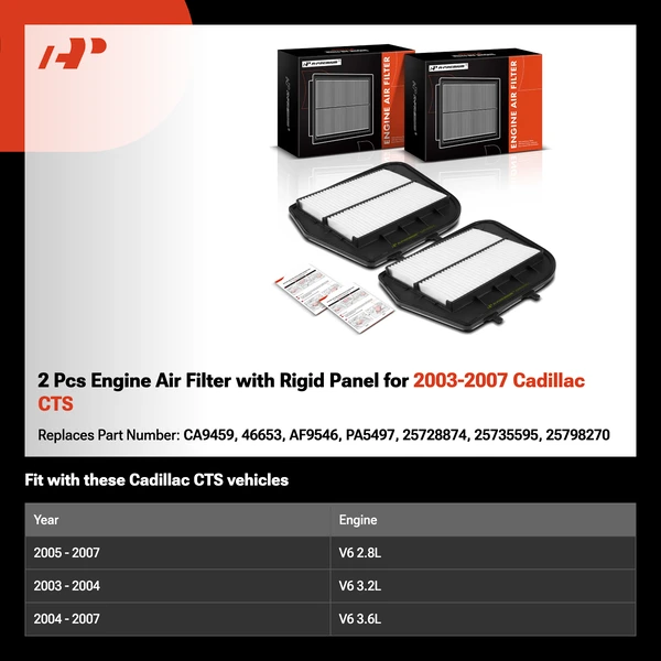 2 Pcs Engine Air Filter with Rigid Panel for 2003-2007 Cadillac CTS