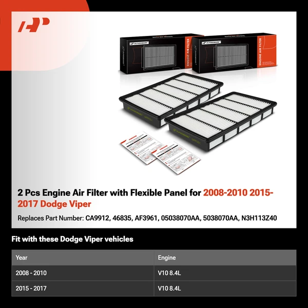 2 Pcs Engine Air Filter with Flexible Panel for 2008-2010 2015-2017 Dodge Viper