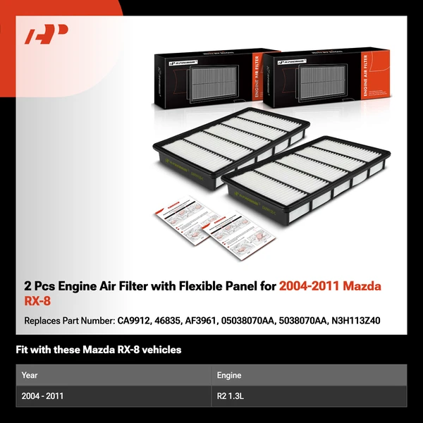 2 Pcs Engine Air Filter with Flexible Panel for 2004-2011 Mazda RX-8