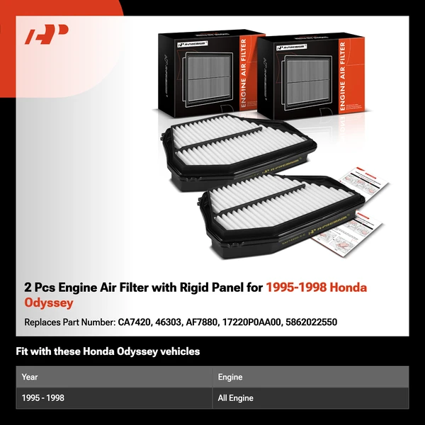 2 Pcs Engine Air Filter with Rigid Panel for 1995-1998 Honda Odyssey