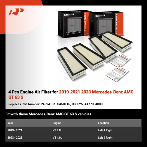 4 Pcs Engine Air Filter for 2019-2021 2023 Mercedes-Benz AMG GT 63 S
