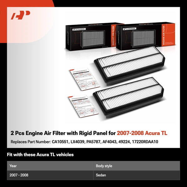 2 Pcs Engine Air Filter with Rigid Panel for 2007-2008 Acura TL