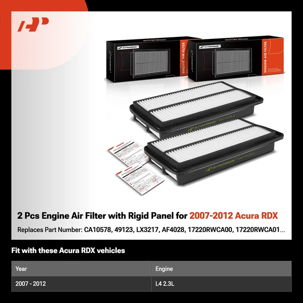 2 Pcs Engine Air Filter with Rigid Panel for 2007-2012 Acura RDX