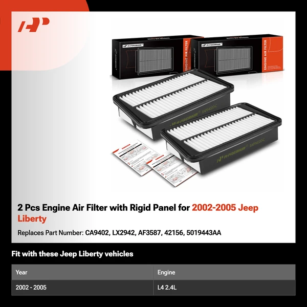 2 Pcs Engine Air Filter with Rigid Panel for 2002-2005 Jeep Liberty