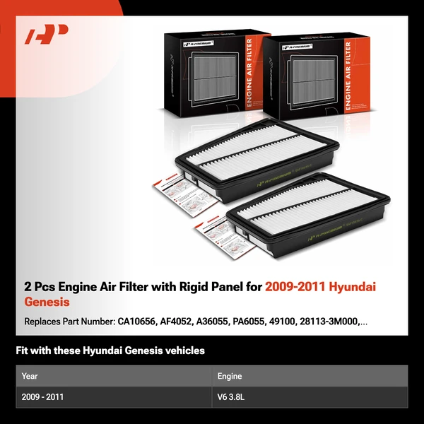 2 Pcs Engine Air Filter with Rigid Panel for 2009-2011 Hyundai Genesis