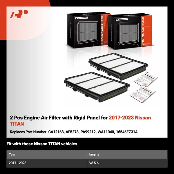 2 Pcs Engine Air Filter with Rigid Panel for 2017-2023 Nissan TITAN