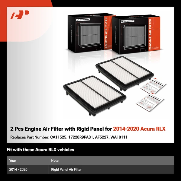 2 Pcs Engine Air Filter with Rigid Panel for 2014-2020 Acura RLX