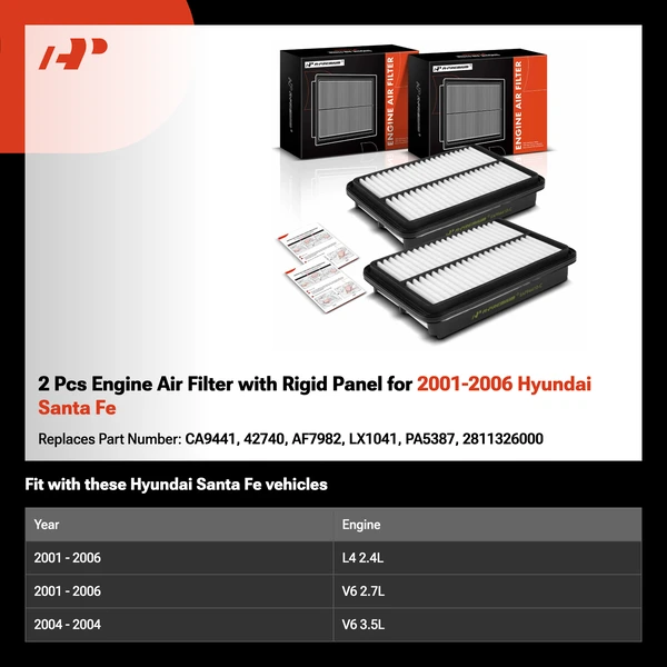 2 Pcs Engine Air Filter with Rigid Panel for 2001-2006 Hyundai Santa Fe