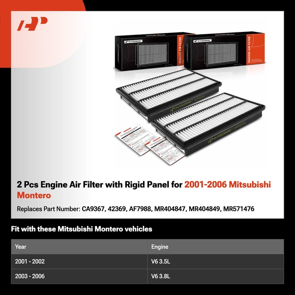 2 Pcs Engine Air Filter with Rigid Panel for 2001-2006 Mitsubishi Montero