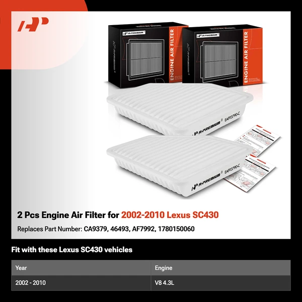 2 Pcs Engine Air Filter for 2002-2010 Lexus SC430