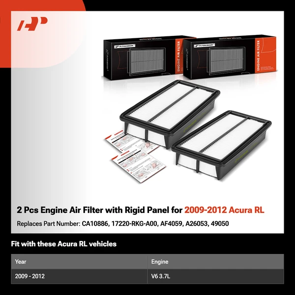 2 Pcs Engine Air Filter with Rigid Panel for 2009-2012 Acura RL