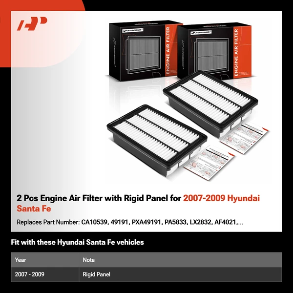 2 Pcs Engine Air Filter with Rigid Panel for 2007-2009 Hyundai Santa Fe