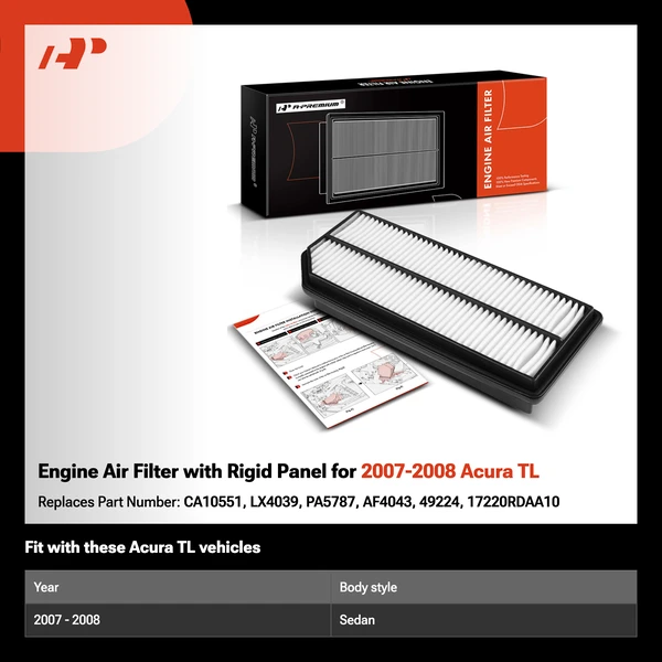 Engine Air Filter with Rigid Panel for 2007-2008 Acura TL