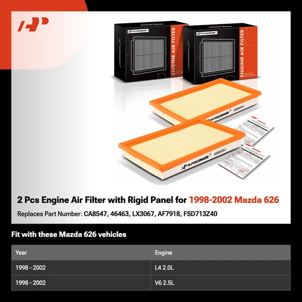 2 Pcs Engine Air Filter with Rigid Panel for 1998-2002 Mazda 626