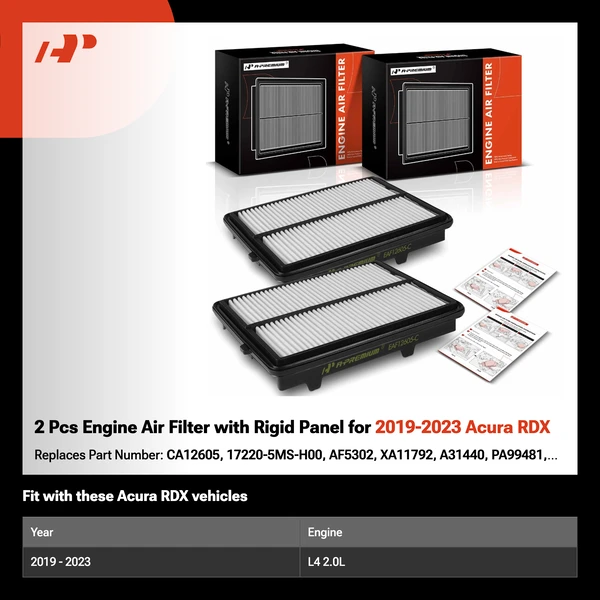 2 Pcs Engine Air Filter with Rigid Panel for 2019-2023 Acura RDX