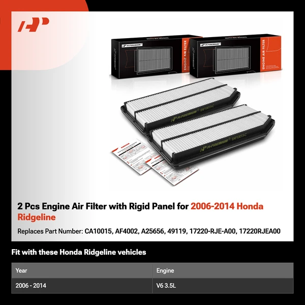 2 Pcs Engine Air Filter with Rigid Panel for 2006-2014 Honda Ridgeline