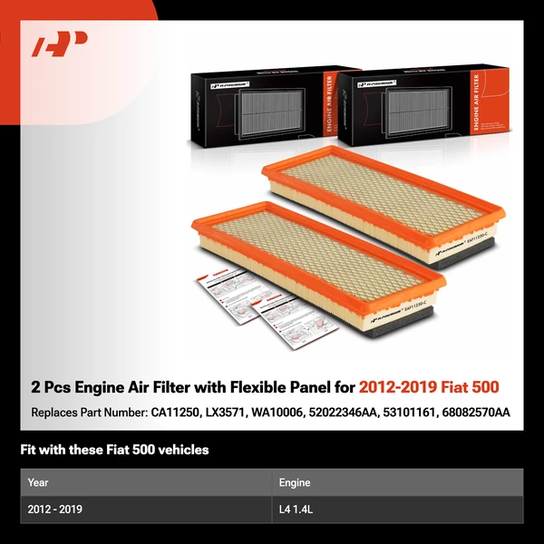 2 Pcs Engine Air Filter with Flexible Panel for 2012-2019 Fiat 500