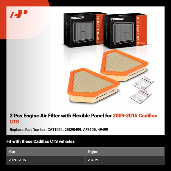 2 Pcs Engine Air Filter with Flexible Panel for 2009-2015 Cadillac CTS