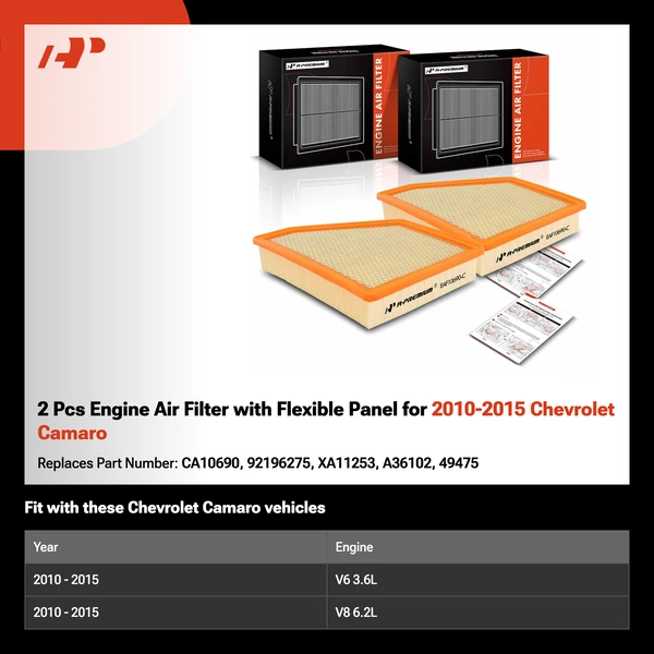 2 Pcs Engine Air Filter with Flexible Panel for 2010-2015 Chevrolet Camaro