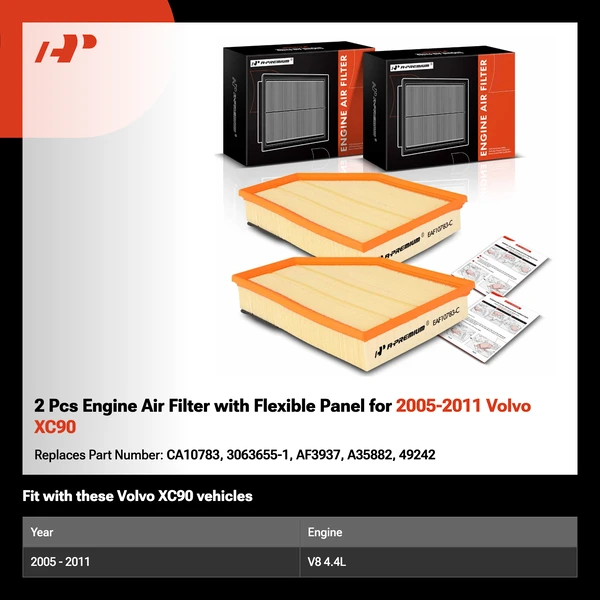 2 Pcs Engine Air Filter with Flexible Panel for 2005-2011 Volvo XC90