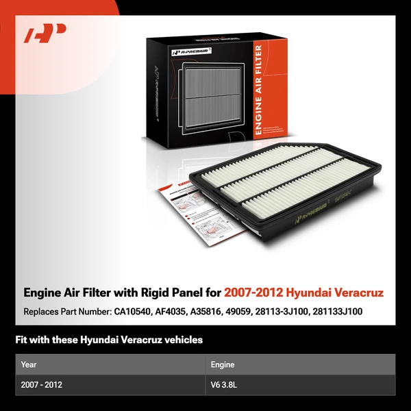 Engine Air Filter with Rigid Panel for 2007-2012 Hyundai Veracruz
