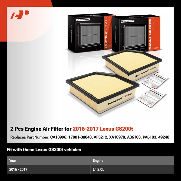2 Pcs Engine Air Filter for 2016-2017 Lexus GS200t