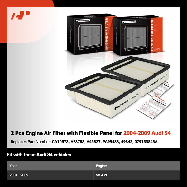 2 Pcs Engine Air Filter with Flexible Panel for 2004-2009 Audi S4