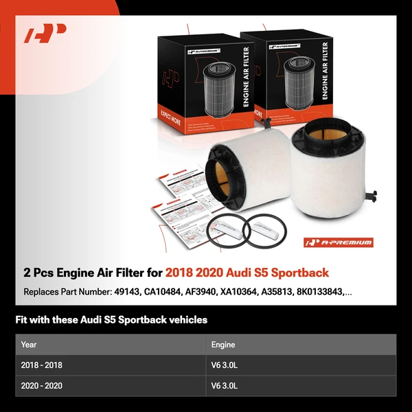 2 Pcs Engine Air Filter for 2018 2020 Audi S5 Sportback
