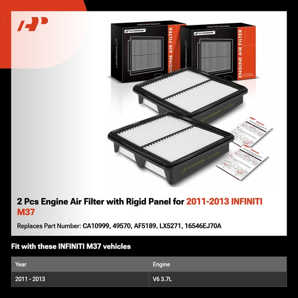 2 Pcs Engine Air Filter with Rigid Panel for 2011-2013 INFINITI M37