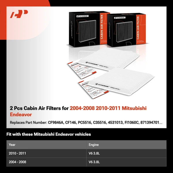 2 Pcs Cabin Air Filters for 2004-2008 2010-2011 Mitsubishi Endeavor