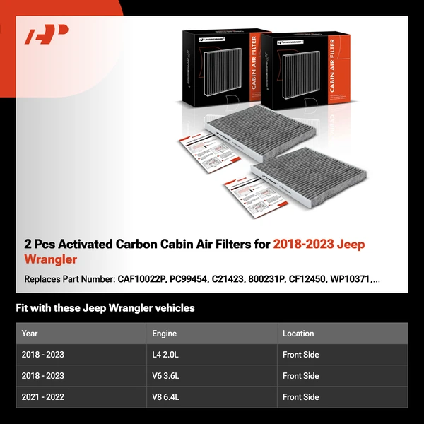 2 Pcs Activated Carbon Cabin Air Filters for 2018-2023 Jeep Wrangler